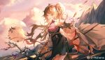  1girl :d absurdres arknights black_skirt brown_eyes brown_hair chinese_commentary clouds coat collared_shirt commentary_request cowboy_shot eyjafjalla_(arknights) eyjafjalla_the_hvit_aska_(arknights) fingernails floating_hair highres holding holding_staff horns long_hair long_sleeves looking_at_viewer mountain official_alternate_costume open_clothes open_coat open_mouth outdoors pink_shirt ponytail rohono sheep sheep_girl sheep_horns shirt skirt sky smile solo staff teeth umbrella very_long_hair weibo_logo weibo_username white_coat 