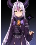  1girl ahoge black_background black_collar blush coat collar grey_hair highres hololive horns la+_darknesss la+_darknesss_(1st_costume) long_sleeves looking_at_viewer metal_collar multicolored_hair neckerchief pointy_ears purple_coat purple_hair solo streaked_hair tokuya two-tone_background virtual_youtuber white_background yellow_eyes yellow_neckerchief 