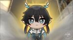  1boy a-pose black_hair chibi chinese_clothes closed_mouth dan_heng_(honkai:_star_rail) dan_heng_(imbibitor_lunae)_(honkai:_star_rail) detached_sleeves dragon_boy dragon_horns english_commentary english_text gacha green_eyes green_horns hair_between_eyes honkai:_star_rail honkai_(series) horns long_hair long_sleeves male_focus pointy_ears pootaetae red_eyeliner solo 