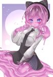  1girl black_necktie black_skirt blue_eyes blush collared_shirt commission curss highres long_sleeves looking_at_viewer monster_girl necktie open_mouth original pink_hair seiza shirt short_hair sitting skeb_commission skirt slime_(substance) slime_girl smile solo white_shirt 