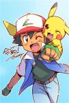  1boy ;d artist_name ash_ketchum belt belt_buckle brown_belt brown_eyes buckle chappy_(kanata218) clenched_hands commentary_request dated fingerless_gloves gloves green_gloves hat highres jacket looking_at_viewer male_focus one_eye_closed open_clothes open_jacket open_mouth pants pikachu pokemon pokemon_(anime) pokemon_(classic_anime) pokemon_(creature) shirt short_hair smile tongue 