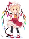  1girl absurdres ascot black_thighhighs blonde_hair bloomers bow crystal dress embodiment_of_scarlet_devil flandre_scarlet hat highres jitome laevatein_(touhou) large_bow looking_at_viewer mary_janes mob_cap paw_pose petticoat puffy_short_sleeves puffy_sleeves red_dress red_eyes red_footwear shoes short_hair short_sleeves side_ponytail solo soru_(remonntteumai) thigh-highs touhou underwear white_bloomers white_headwear wings wrist_cuffs yellow_ascot 