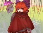  1girl alternate_costume armor bow cloak commentary dated english_commentary hair_bow highres outdoors red_eyes redhead sekibanki signature solo top-exerou touhou upper_body 