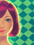  1girl argyle argyle_background artist_name bellhenge blue_eyes closed_mouth english_commentary eyelashes green_background head_only lipstick makeup original pink_lips realistic redhead short_hair smile straight-on thick_eyebrows 