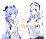  ! 2girls bag blue_hair breasts cup disposable_cup drinking_straw drinking_straw_in_mouth earrings floral_print ganyu_(genshin_impact) ganyu_(heytea)_(genshin_impact) genshin_impact hair_over_one_eye hairband heart highres holding horns jewelry long_hair looking_at_viewer medium_breasts multiple_girls parted_lips shenhe_(genshin_impact) shenhe_(heytea)_(genshin_impact) short_sleeves simple_background single_earring sleeveless spoken_exclamation_mark spoken_heart tassel tassel_earrings tatata_taira very_long_hair white_background white_hair 