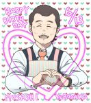  1boy apron black_vest brown_hair character_name closed_eyes dated facial_hair facing_viewer happy_birthday heart heart_background heart_hands kurosawa_musashi long_sleeves male_focus mustache necktie ossan_zu_rabu red_necktie sakaguchifanart shirt solo stubble upper_body vest watch watch white_shirt 