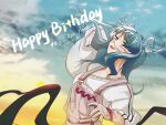  1girl blue_eyes blue_hair character_name clouds dated elira_pendora english_commentary fang floating_hair gloves grey_gloves grey_overalls happy_birthday head_wings heterochromia highres leaning_back long_hair low_wings nijisanji nijisanji_en off_shoulder one_eye_covered open_mouth overalls single_glove sky sleeves_past_fingers sleeves_past_wrists smile solo sweater violet_eyes virtual_youtuber white_sweater wings yura_canteat 