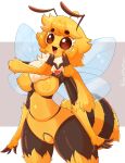  1girl absurdres antennae arthropod_girl artist_name bee_girl blonde_hair brown_eyes extra_arms heart heart_hands highres insect_wings jasminthemanticore looking_at_viewer open_mouth original short_hair simple_background solo wings 