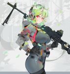  1girl absurdres belt black_gloves bodysuit breasts gloves green_hair gun hand_on_own_hip headset highres holding holding_gun holding_weapon looking_at_viewer original over_shoulder polilla red_eyes short_hair smile solo weapon weapon_over_shoulder 