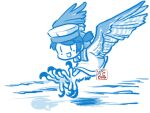  1girl bird_legs blue_theme claws dress harpy hat hiburi_(kancolle) kantai_collection kutone_shirika low_ponytail monochrome monster_girl sailor_collar sailor_dress sailor_hat short_ponytail smile solo talons winged_arms wings 