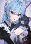  1girl animal animal_ears bell black_cat blue_bow blue_eyes blue_hair bow cat cat_ears earrings hair_between_eyes highres holding holding_animal holding_cat hololive hoshimachi_suisei jewelry light_blue_hair looking_at_viewer maid_headdress medium_hair mirai99 multiple_earrings neck_bell pawpads shadow simple_background solo star_(symbol) star_in_eye symbol_in_eye tongue upper_body 