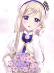  1girl alicia_florence aogirism aria aria_company_uniform beret blonde_hair blue_bow blue_bowtie blush bouquet bow bowtie braid braided_ponytail capelet commentary_request dress flower gold_trim hair_between_eyes hand_up hat highres holding holding_bouquet long_hair long_sleeves looking_at_viewer open_mouth parted_bangs pink_background sidelocks solo upper_body very_long_hair violet_eyes white_capelet white_dress white_headwear 