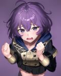  1girl asanagi_shion bernadetta_von_varley black_skirt breasts clenched_hands fire_emblem fire_emblem:_three_houses from_below garreg_mach_monastery_uniform grey_eyes highres hood looking_at_viewer looking_up messy_hair open_mouth purple_background purple_hair skirt small_breasts solo tearing_up wavy_mouth 