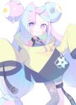  &gt;:) asymmetrical_legwear blush bow character_hair_ornament closed_mouth gaogao_(gaogaomegu) hair_bow hair_ornament highres iono_(pokemon) long_hair magnemite mismatched_legwear multicolored_hair oversized_clothes pastel_colors pokemon pokemon_(game) pokemon_sv sharp_teeth split-color_hair teeth two-tone_hair v-shaped_eyebrows variant_set very_long_hair very_long_sleeves white_background 