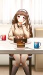  1girl :3 blush brown_hair brown_skirt brown_socks brown_sweater cake cake_slice closed_mouth cup doukyuusei_another_world food game_cg hairband head_rest head_tilt indoors kakyuusei long_hair long_sleeves looking_at_viewer miniskirt mug red_eyes sitting skirt socks solo sweater table white_hairband yuuki_mizuho 