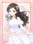  1girl 2023 absurdres bouquet brown_eyes brown_hair character_name collarbone dated dress earrings floating_hair flower framed grey_gemstone grey_nails grey_ribbon hair_ribbon highres holding holding_bouquet idolmaster idolmaster_million_live! idolmaster_million_live!_theater_days jewelry kitazawa_shiho long_dress long_hair nail_polish necklace parted_bangs purple_flower ribbon shiro_(ongrokm) short_sleeves skirt_hold solo standing white_dress white_flower white_ribbon 