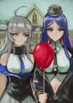  2girls absurdres ahoge american_gothic arise_(allicenogalca) balloon black_jacket black_necktie blue_eyes blue_hair breasts closed_mouth day fine_art_parody gift_art grey_eyes grey_hair headgear highres holding holding_balloon jacket kantai_collection long_hair long_sleeves looking_at_viewer medium_breasts multiple_girls necktie outdoors parody redhead skirt south_dakota_(kancolle) upper_body washington_(kancolle) white_hair white_skirt 