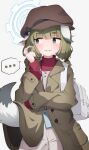  ... 1girl animal_ears blue_archive blue_halo blunt_bangs blush brown_headwear coat commentary_request cowboy_shot facing_viewer green_coat green_eyes green_hair halo hand_up hat highres long_sleeves looking_to_the_side open_clothes open_coat open_mouth pants red_shirt shijima_(shijima_tc) shirt simple_background solo spoken_ellipsis tail twintails undershirt white_background white_bag white_pants yakumo_(blue_archive) 