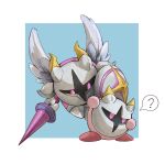  ? armor blue_background border colored_skin galacta_knight highres holding holding_shield kirby kirby_(series) lance looking_at_another mask no_humans outside_border pauldrons pink_skin polearm shield shoulder_armor trade-wind violet_eyes weapon white_border wings 