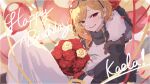  1girl balloon blonde_hair bouquet earrings eyewear_on_head flower fur_trim futomoy happy_birthday highres holding holding_bouquet hololive hololive_indonesia jewelry kaela_kovalskia kaela_kovalskia_(1st_costume) looking_at_viewer medium_hair open_mouth red_eyes rose smile solo 