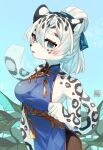  1girl absurdres animal_ears blue_eyes blush chinese_clothes furry furry_female highres kawarage_yatano looking_at_viewer original ponytail short_hair snow_leopard_girl snow_leopard_tail solo white_hair 