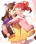 2girls absurdres azit_(down) blue_eyes blush book brown_hair closed_eyes commentary copyright_request dress headband highres hug jacket long_hair multiple_girls open_clothes open_jacket pink_headband pink_jacket pink_thighhighs ponytail redhead smile standing standing_on_one_leg symbol-only_commentary thigh-highs wing_hair_ornament yellow_dress 