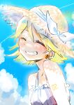  1girl absurdres bare_shoulders blonde_hair blue_sky blush bow clouds dress earrings flower flower_earrings frilled_dress frills grin hair_ornament hairclip hat hat_bow highres jewelry kagamine_rin number_tattoo pafufu pale_skin short_hair shoulder_tattoo sketch sky sleeveless sleeveless_dress smile solo sparkle straw_hat sun_hat sundress sunflower tattoo teeth vocaloid white_bow white_dress 