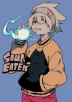  1boy blue_background buttons copyright_name drooling hand_in_pocket headband highres hitodama holding jacket male_focus menma_(enaic31) pale_skin red_eyes sharp_teeth simple_background solo soul_eater soul_evans teeth twitter_username upper_body white_hair white_headband 