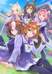  5girls :d admire_vega_(umamusume) ahoge animal_ears arm_support arm_up black_pantyhose blue_sky blush bow breasts brown_eyes brown_hair closed_mouth clouds crown day dutch_angle ears_down forehead grin hair_between_eyes hairband hand_on_another&#039;s_shoulder haru_urara_(umamusume) highres horse_ears horse_girl horse_tail large_breasts long_sleeves looking_at_viewer meisho_doto_(umamusume) mini_crown multicolored_hair multiple_girls nabe_puyo narita_top_road_(umamusume) on_grass outdoors pantyhose parted_bangs pink_hair pink_hairband pleated_skirt ponytail puffy_long_sleeves puffy_sleeves purple_shirt purple_skirt school_uniform shirt sitting skirt sky smile standing t.m._opera_o_(umamusume) tail tilted_headwear tracen_school_uniform two-tone_hair umamusume violet_eyes white_bow white_hair 