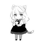  1girl aged_down animal_ears bow bowtie cat_ears cat_girl cat_tail chibi closed_mouth cup dress frilled_dress frills genshin_impact greyscale holding holding_cup holding_plate juliet_sleeves long_hair long_sleeves looking_at_viewer lynette_(genshin_impact) monochrome pantyhose plate puffy_sleeves sidelocks solo tail teacup u_u_k_e_n 