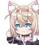  1girl ahoge animal_ear_fluff animal_ears aprob_(meme) bandaid_hair_ornament black_collar black_jacket blonde_hair blue_eyes bright_pupils collar crossed_bangs dog_ears dog_girl fake_horns fur-trimmed_jacket fur_trim hair_ornament hairband headphones headphones_around_neck hololive hololive_english horns jacket meme mococo_abyssgard multicolored_hair pink_hair pink_hairband shirt smile solo spiked_collar spikes star_ornament streaked_hair thumbs_up upper_body white_pupils white_shirt x_hair_ornament zephylyne 
