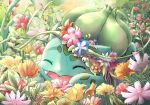  :d absurdres blue_flower bulbasaur closed_eyes commentary_request day fang flower fuju1012 happy highres lying on_stomach open_mouth outdoors pink_flower plant pokemon red_flower smile vines 