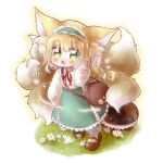  1girl absurdres animal_ears arknights bag blonde_hair blush bobby_socks brown_bag brown_footwear cardigan commentary cross-laced_clothes cross-laced_skirt cross-laced_slit fox_ears fox_girl fox_tail frilled_hairband frills full_body green_eyes green_hairband green_skirt hairband handbag high-waist_skirt highres kitsune kyuubi long_hair long_sleeves mary_janes multicolored_hair multiple_tails neck_ribbon nijiiro_diary official_alternate_costume open_mouth puffy_long_sleeves puffy_sleeves red_ribbon ribbon round_bag shoes shoulder_bag skirt socks solo suzuran_(arknights) suzuran_(spring_praise)_(arknights) tail two-tone_hair white_cardigan white_hair white_socks 
