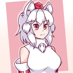  1girl animal_ears bare_shoulders blush breasts detached_sleeves hat inubashiri_momiji mountain_of_faith neferkitty pom_pom_(clothes) red_eyes ribbon-trimmed_sleeves ribbon_trim shirt short_hair sleeveless sleeveless_shirt solo tokin_hat touhou turtleneck white_hair white_shirt wolf_ears wolf_girl 