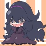  1girl @_@ asairosora blush blush_stickers breasts chibi commentary_request dress full_body hair_between_eyes hairband hands_up happy hex_maniac_(pokemon) long_hair messy_hair open_mouth orange_background pokemon pokemon_(game) pokemon_xy purple_dress purple_hair purple_hairband shaded_face sidelocks sitting sleeves_past_fingers sleeves_past_wrists small_breasts smile solo striped striped_background very_long_hair violet_eyes 