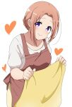  1girl apron blush breasts brown_apron brown_hair closed_mouth collarbone commentary_request cowboy_shot gochuumon_wa_usagi_desu_ka? heart highres holding hoto_cocoa&#039;s_mother looking_at_viewer medium_breasts parted_bangs riyo_(aokiwazumi) shirt short_hair short_hair_with_long_locks short_sleeves sidelocks simple_background skirt smile solo standing violet_eyes white_background white_shirt yellow_skirt 