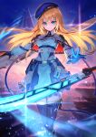  1girl absurdres aqua_eyes beret black_gloves black_thighhighs blonde_hair blue_headwear commission copyright_request dress gloves grey_dress hakusyokuto hat highres long_hair long_sleeves looking_at_viewer skeb_commission smile solo standing sword thigh-highs weapon wide_sleeves 