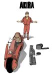  1boy akira boots brown_footwear highres jacket kaneda_shoutarou_(akira) motor_vehicle motorcycle pants red_jacket red_pants science_fiction shadow shirt simple_background solo standing sticker tora0820 weapon white_background yellow_shirt 