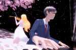  1boy 1girl absurdres arima_kousei black_hair blazer blonde_hair blue_jacket cherry_blossoms cherry_tree closed_mouth dress falling_petals formal glasses highres holding_violin instrument jacket long_hair miyazono_kawori music necktie petals piano playing_instrument playing_piano red_necktie shigatsu_wa_kimi_no_uso short_hair tree utsu_(cho701012) violin white_dress 