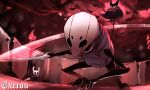  3others black_skin bug character_request cloak colored_skin commentary_request fighting fighting_stance grimm_(hollow_knight) highres holding holding_weapon hollow_eyes hollow_knight knight_(hollow_knight) mask multiple_others no_humans outdoors quirrel signature top-exerou weapon 