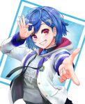  1girl blue_hair commentary_request dolphin_hair_ornament grey_hoodie grin hair_behind_ear highres hood hoodie nijisanji nishizono_chigusa nishizono_chigusa_(1st_costume) numataromomon ok_sign pointing pointing_at_viewer print_hoodie school_uniform selene_girls_school_uniform short_hair smile solo swept_bangs violet_eyes virtual_youtuber 