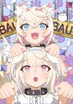  2girls :3 absurdres animal_ear_fluff animal_ears bandaid_hair_ornament belt belt_collar black_collar blonde_hair blue_brooch blue_eyes blue_hair bone collar colored_inner_animal_ears cropped_shirt crystal_horn dog_ears dog_girl fang fuwawa_abyssgard hair_ornament hairband haruto_(82886106) headband highres holoadvent hololive hololive_english long_hair looking_at_another looking_at_viewer looking_up mococo_abyssgard multicolored_hair multiple_girls nail_polish open_mouth paw_pose perroccino_(fuwamoco) pink_belt pink_brooch pink_eyes pink_hair pink_hairband pink_headband siblings sisters streaked_hair twins virtual_youtuber x_hair_ornament 