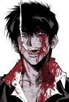  1boy black_eyes black_hair black_jacket blood blood_on_clothes blood_on_face cigarette collarbone collared_shirt highres jacket male_focus mouth_hold my_nameisyoon nicholas_d._wolfwood open_mouth portrait shirt short_hair simple_background smile smoking solo teeth tongue tongue_out trigun v-shaped_eyebrows white_background white_shirt 