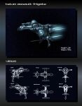  3d assault_ship_(eve_online) commentary concept_art eve_online flying frigate_(eve_online) from_side gallente_federation_(eve_online) glowing highres military_vehicle multiple_views no_humans original outdoors science_fiction sky space spacecraft star_(sky) starry_sky tech_2_ship_(eve_online) thrusters toneloperu vehicle_focus 