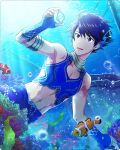  1boy ahoge air_bubble blue_eyes blue_hair bubble clownfish coral fingernails fins fish head_fins idolmaster idolmaster_side-m idolmaster_side-m_growing_stars male_focus midriff navel official_art seaweed shell shipwreck smile taiga_takeru tropical_fish underwater 