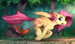  bird blue_eyes chicken fleeing fluttershy from_side highres long_hair looking_back motion_blur my_little_pony my_little_pony:_friendship_is_magic no_humans open_mouth outdoors pegasus pegasus_wings pink_hair rooster tree yakovlev-vad yellow_fur 