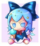  1girl blue_bow blue_dress blue_eyes blue_hair bow chibi cirno commentary dress food fumo_(doll) hair_bow hair_ornament holding holding_food holding_ice_cream holding_ice_cream_cone ice ice_cream ice_cream_cone ice_wings puffy_short_sleeves puffy_sleeves red_bow short_sleeves sitting skullchimes solo star_(symbol) star_hair_ornament touhou wings 
