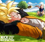  2boys arms_behind_head artist_name bald black_jacket blue_footwear blue_shirt brown_pants closed_eyes commentary_request dragon_ball dragon_ball_z field grass highres jacket kuririn lying male_focus multiple_boys muscular muscular_male nickelespektro on_back open_clothes open_jacket orange_jacket pants relaxing resting shirt shoes shorts sitting sitting_on_rock smile son_goku spanish_commentary spiky_hair super_saiyan super_saiyan_1 t-shirt tree white_pants white_shirt 