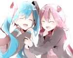  2girls ^_^ black_jacket black_sleeves blue_hair blue_necktie clenched_hand closed_eyes commentary_request detached_sleeves hair_between_eyes hair_ornament hand_on_another&#039;s_arm happy hatsune_miku jacket light_blush long_hair long_sleeves multiple_girls necktie open_mouth pink_hair shirt simple_background smile twintails upper_body vocaloid voiceroid white_background white_shirt xxxx_saki yuzuki_yukari 