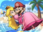 1boy 1girl black_hair blonde_hair blue_eyes brown_hair carrying carrying_person crown dress earrings facial_hair gloves hat highres jewelry long_hair looking_at_another mario mustache official_style open_mouth overalls princess_carry princess_peach red_headwear shirt super_mario_bros. white_gloves ya_mari_6363